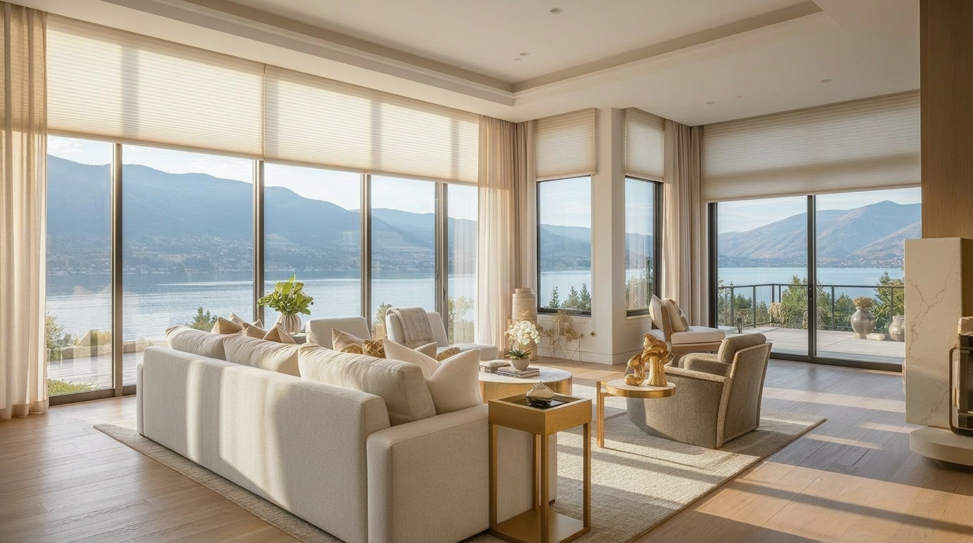 Luxury Okanagan lakeside living room with custom window coverings