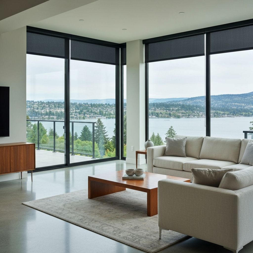 Luxurious living room with premium window blinds overlooking Okanagan Lake